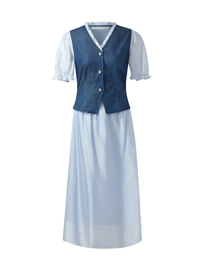 Denim Lyocell Patchwork Crop Jacket And Skirt Two-Piece Set