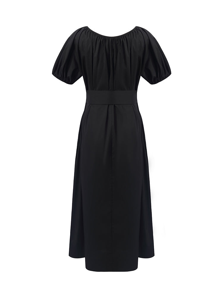 Puff Sleeves Women Midi Dress With Belt