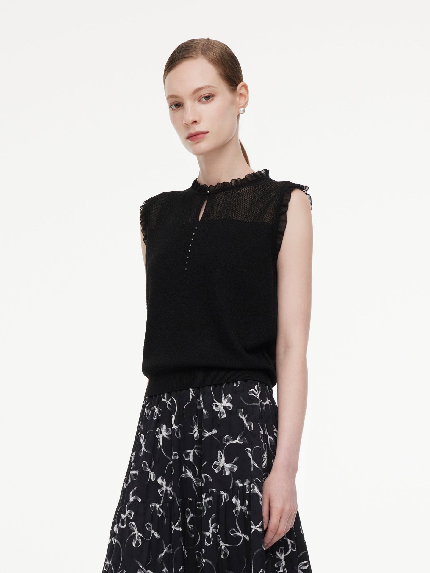 Jacquard Cut Out Neckline Women Ruffle Knit Tank Top