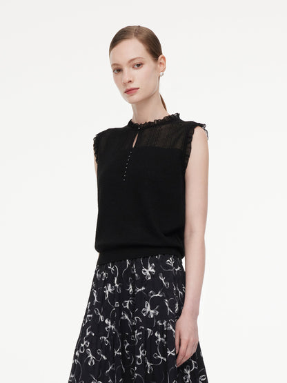 Jacquard Cut Out Neckline Women Ruffle Knit Tank Top