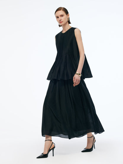 Tencel Blend Ruffle Hem Pleated Tank Top And A-Line Skirt Two-Piece Set