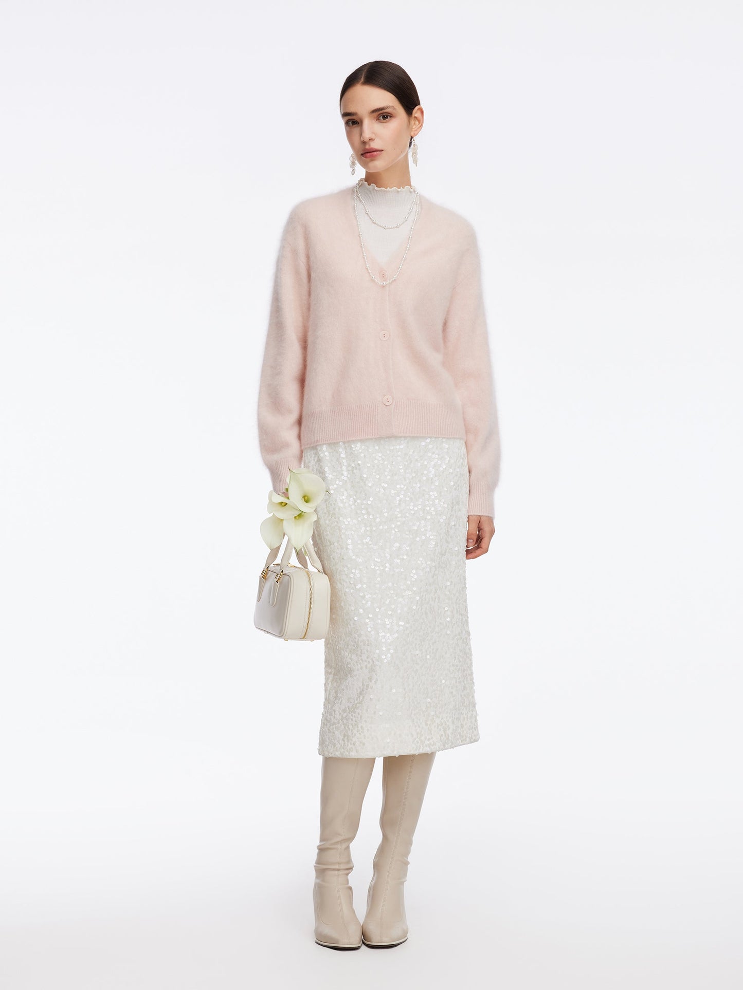 100% Brushed Cashmere V-Neck Women Cardigan
