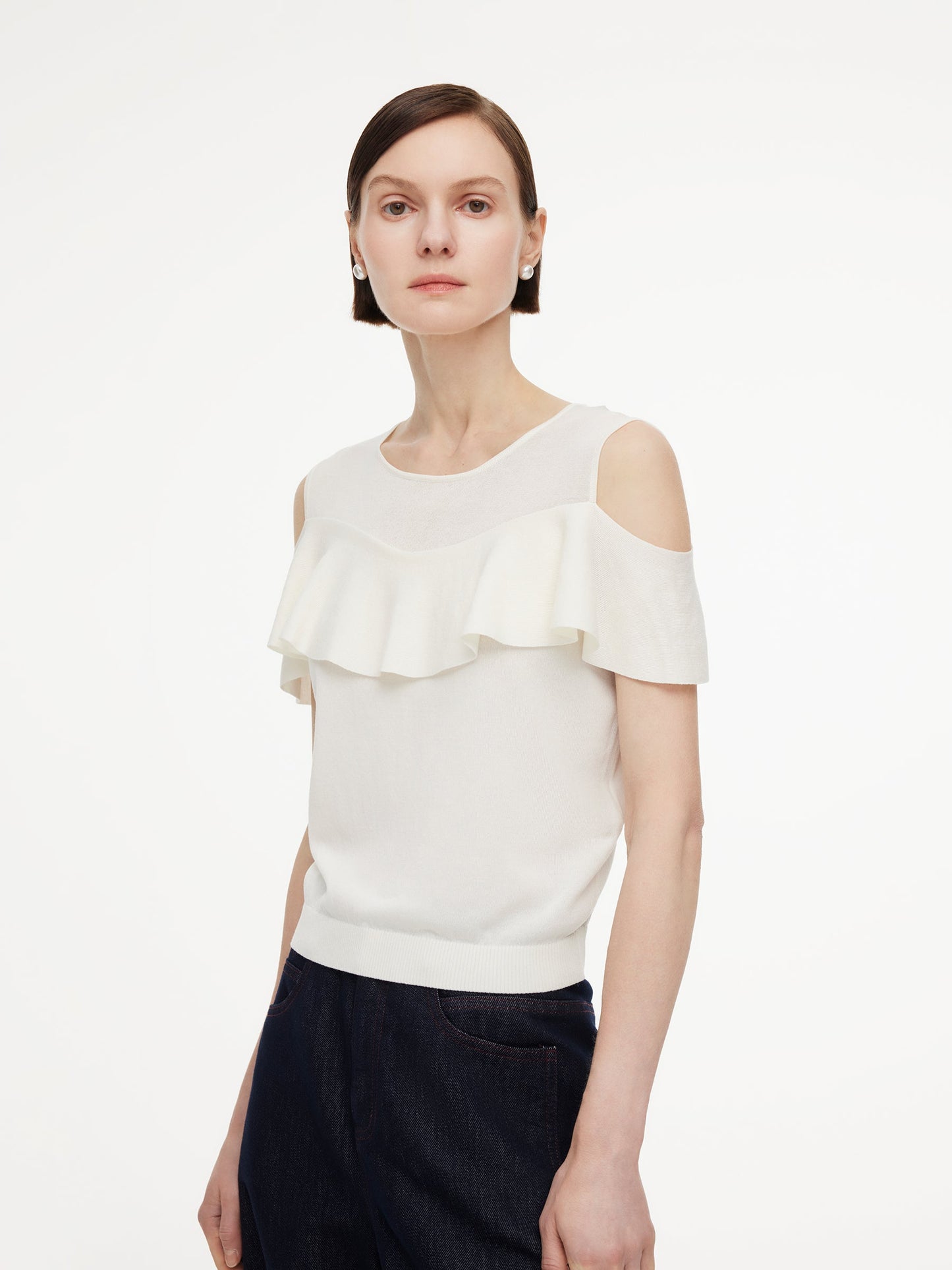 Tencel Blend Ruffle Cold Shoulder Women Knit Top