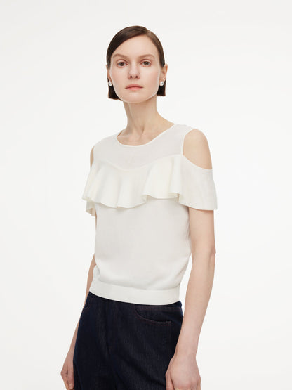 Tencel Blend Ruffle Cold Shoulder Women Knit Top