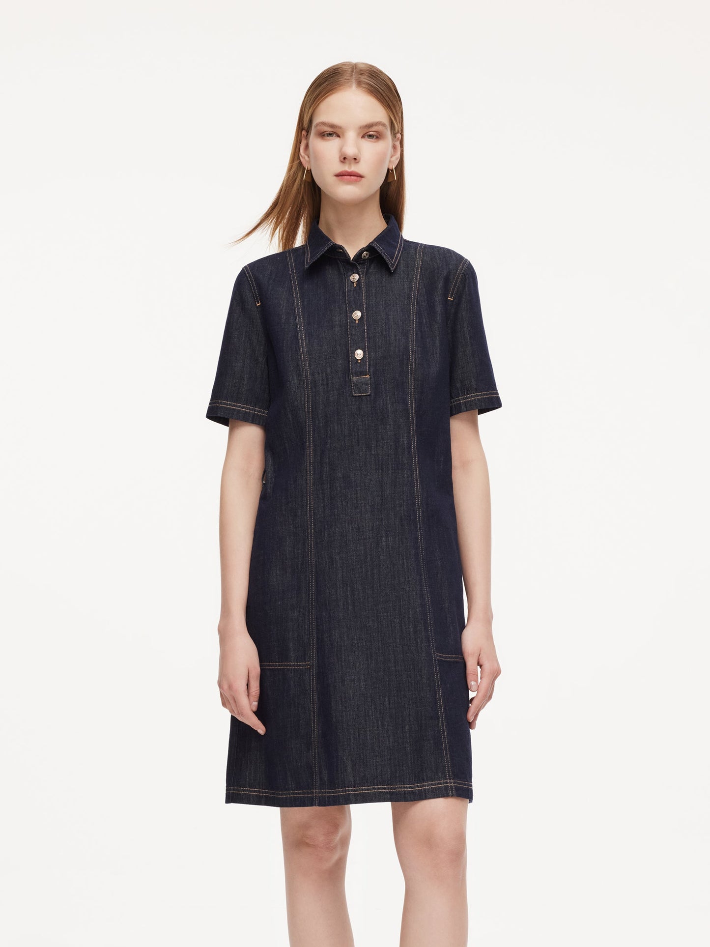 100% Cotton Denim Women A-Line Mini Shirt Dress With Self-Tie Belt