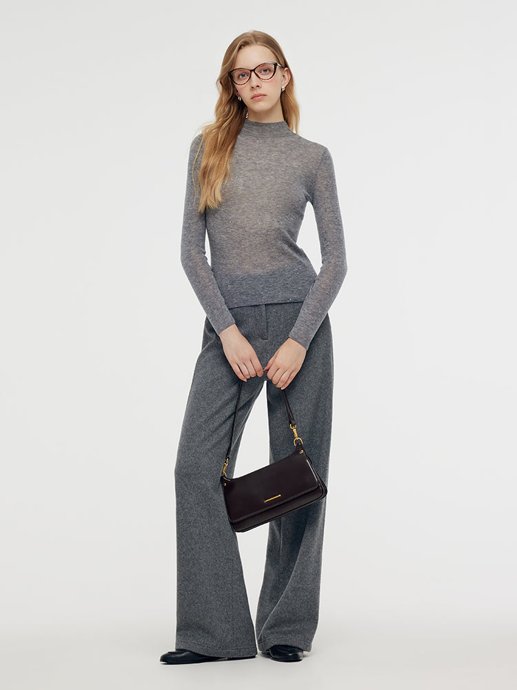 100% Wool Mock Neck Women Long Sleeve Top