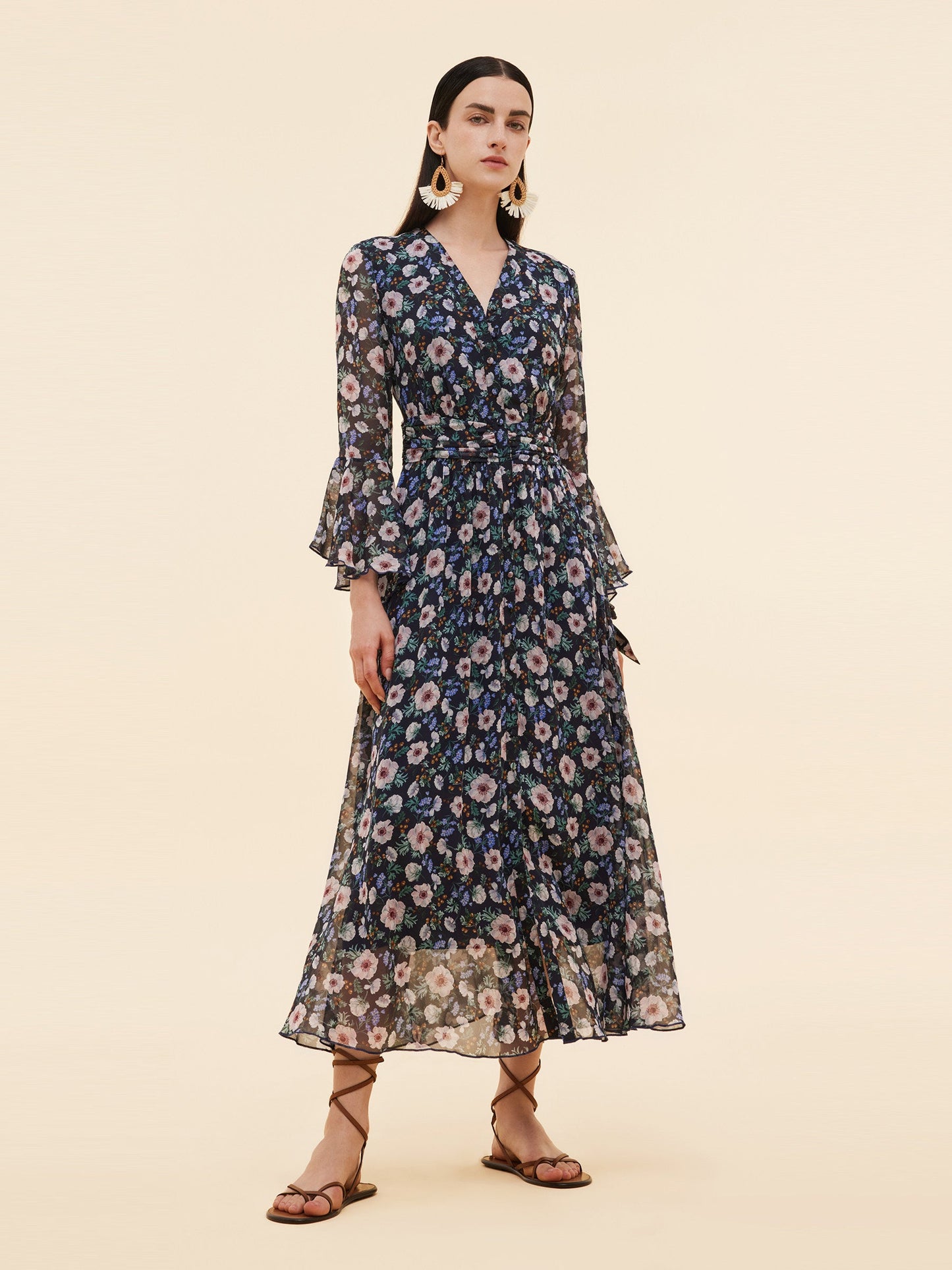 10MM Mulberry Silk Floral Print Women V-Neck Maxi Dress