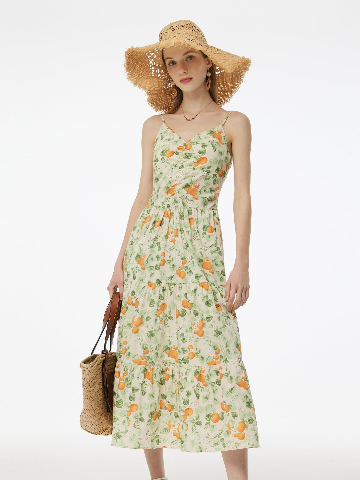 Cotton Floral Print Strap Maxi Dress And Openwork Cardigan Two-Piece Set