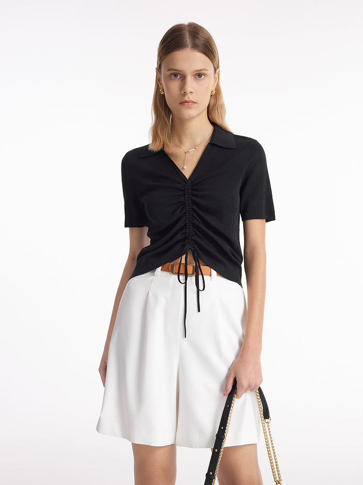 V-Neck Drawstring Lapel Knitted Women Top