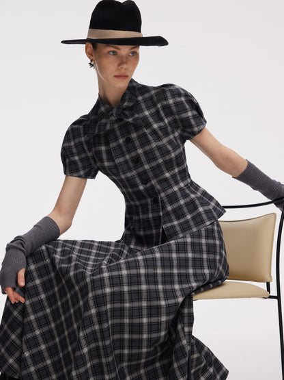 Plaid Ribbon Tie Women Flare Hem Top