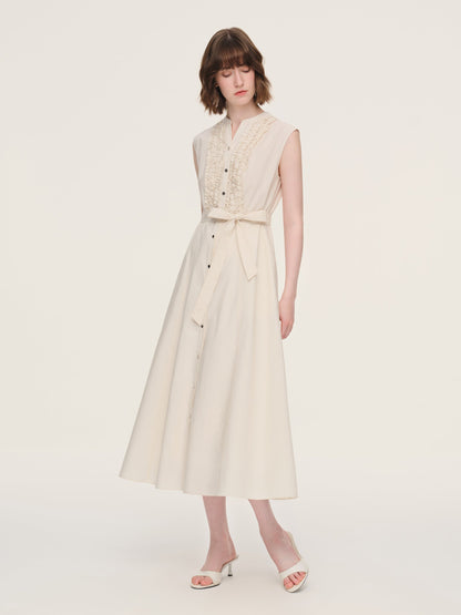 100% Cotton Gather-waisted Women Cap Sleeve Maxi Dress With Two Belts