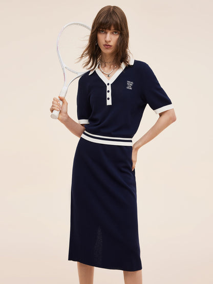 Tencel Blend Contrast Trim Knit Top And Skirt Two-Piece Set