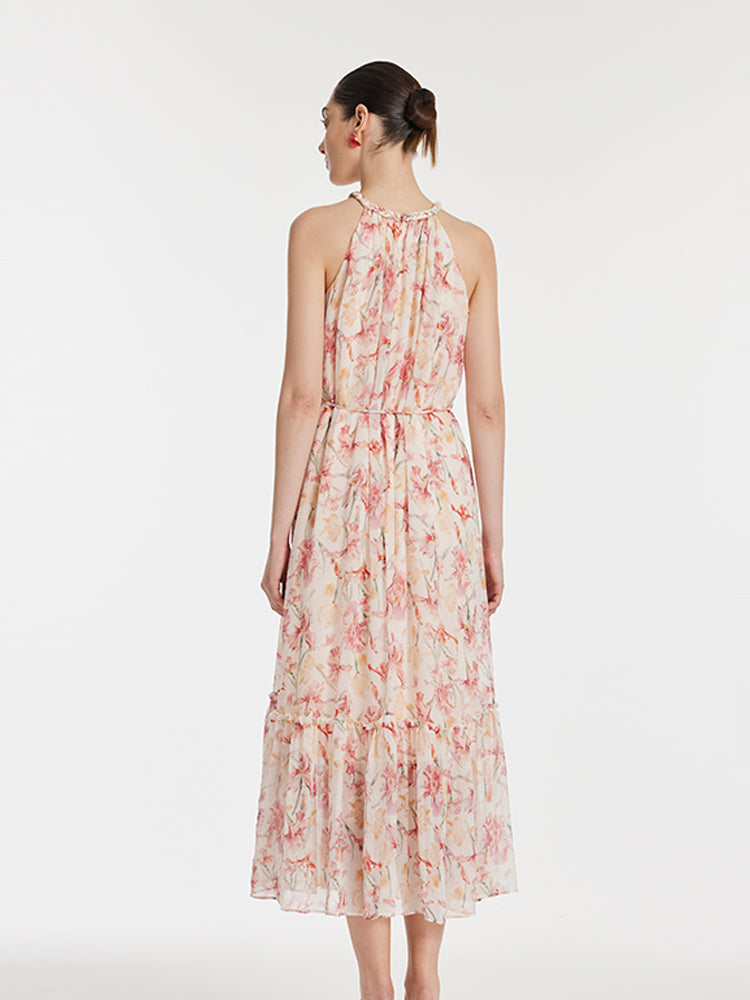 10 Momme Mulberry Silk Iris Print Halter Ruffle Women Maxi Dress