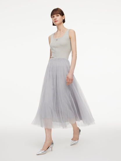 Elastic Waist A-Line Pleated Women Mesh Skirt