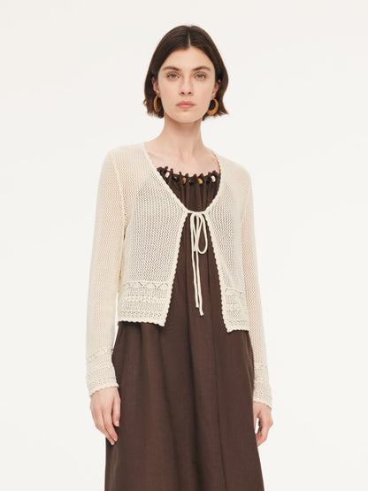 100% Cotton Openwork Tie Front Women Cardigan