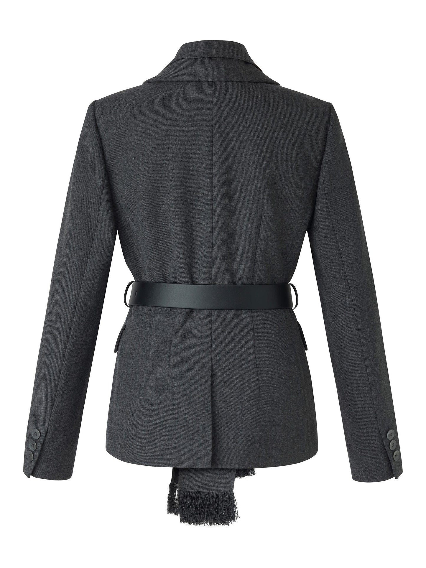 Worsted Wool Blend Women Blazer With Fringe Scarf And Belt