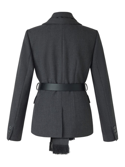 Worsted Wool Blend Women Blazer With Fringe Scarf And Belt