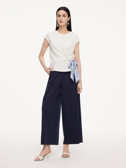 Tencel Blend Twist Front Top And Wide Leg Pants Two-Piece Set With Silk Scarf