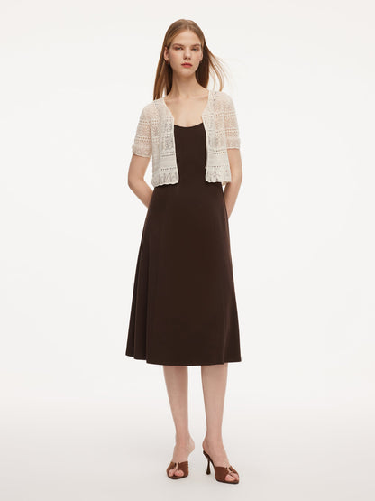 Tie Front Openwork Cardigan And Knit Strap Dress Two-Piece Set
