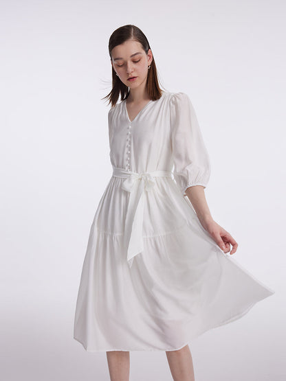 White V-Neck Gathered Waist Midi Dress