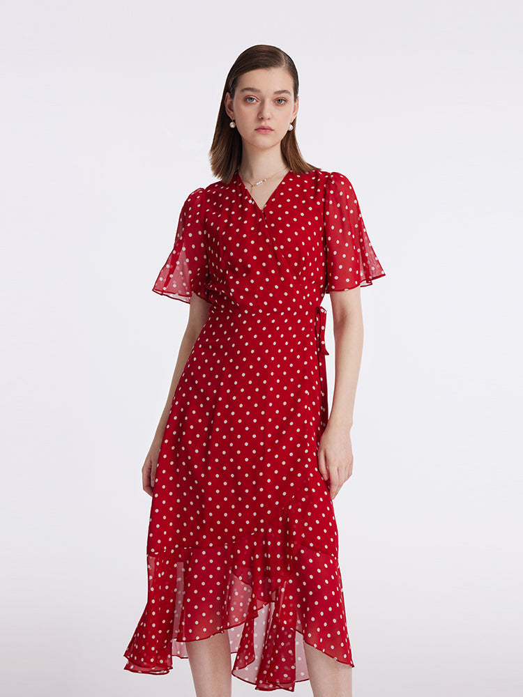10 Momme Mulberry Silk Polka Dots Print Wrapped Ruffle Women Midi Dress