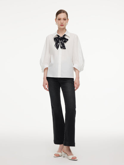 100% Cotton 3/4 Sleeve Women Shirt With Ribbon Print Silky Scarf