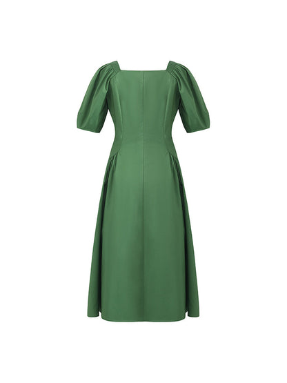 Square Neck Puff Sleeves Women Midi Dress