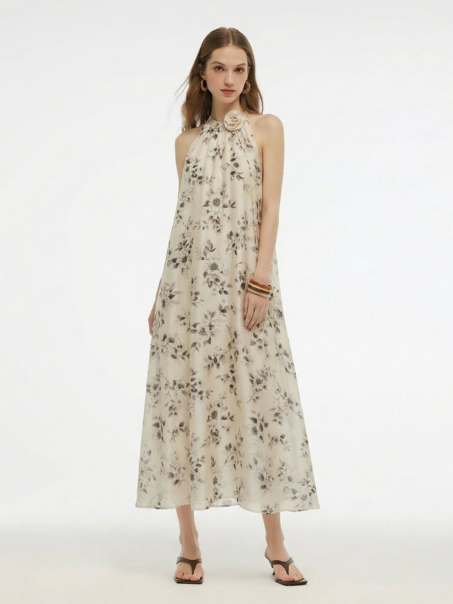 Floral Print Women Halter Maxi Dress With Ribbon
