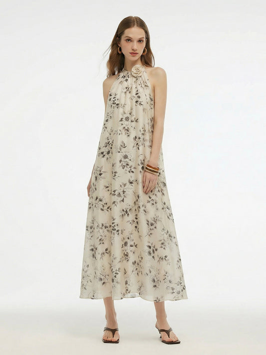 Floral Print Women Halter Maxi Dress With Ribbon