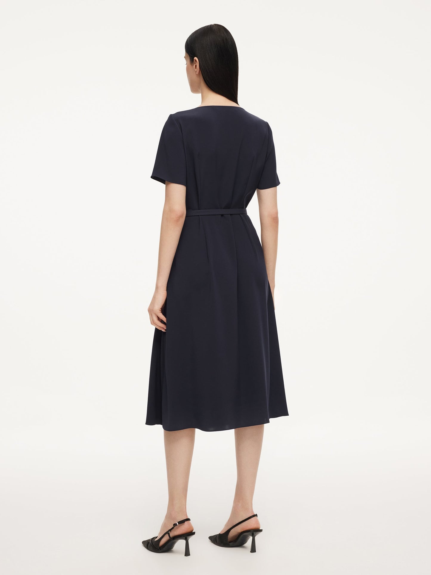 Triacetate Blend Square Neck Women Midi Dress With Belt