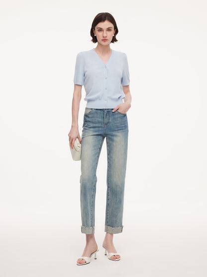Cotton Denim Adjustable Waist Women Straight Leg Folded Jeans