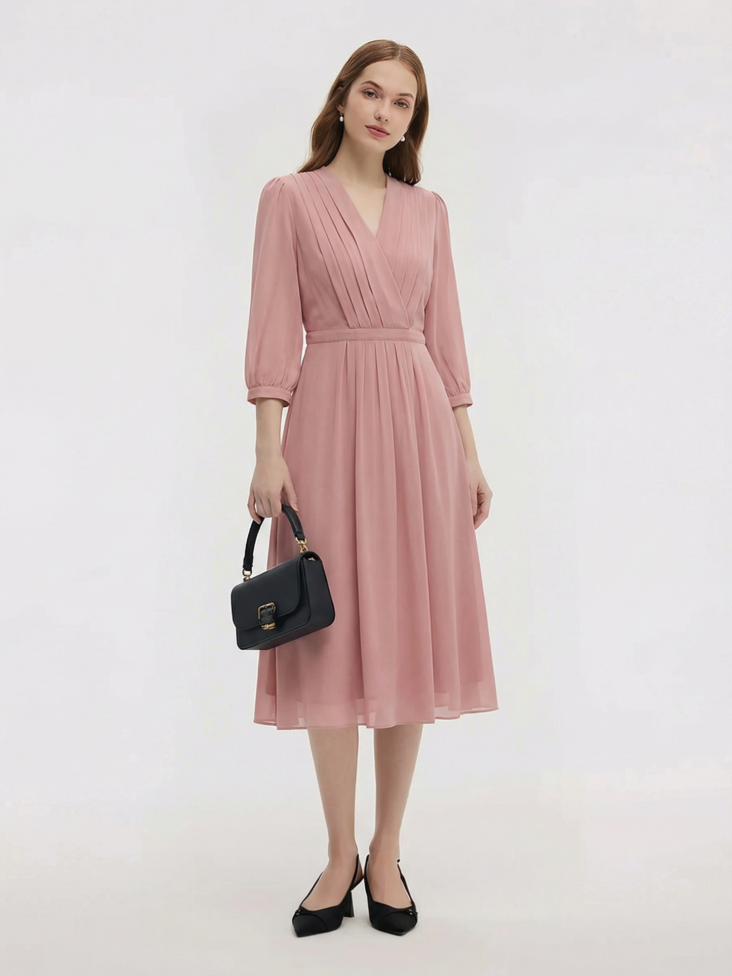 V-Neck Pleated Lace Up Wrap Midi Dress