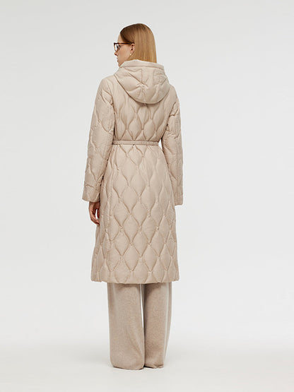 Gathered Waist Long Goose Down Coat With Belt