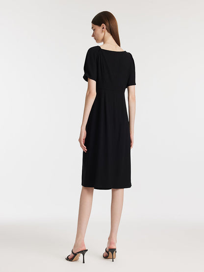 Acetate Asymmetric Neck Slit Twist Waist Women Midi Dress