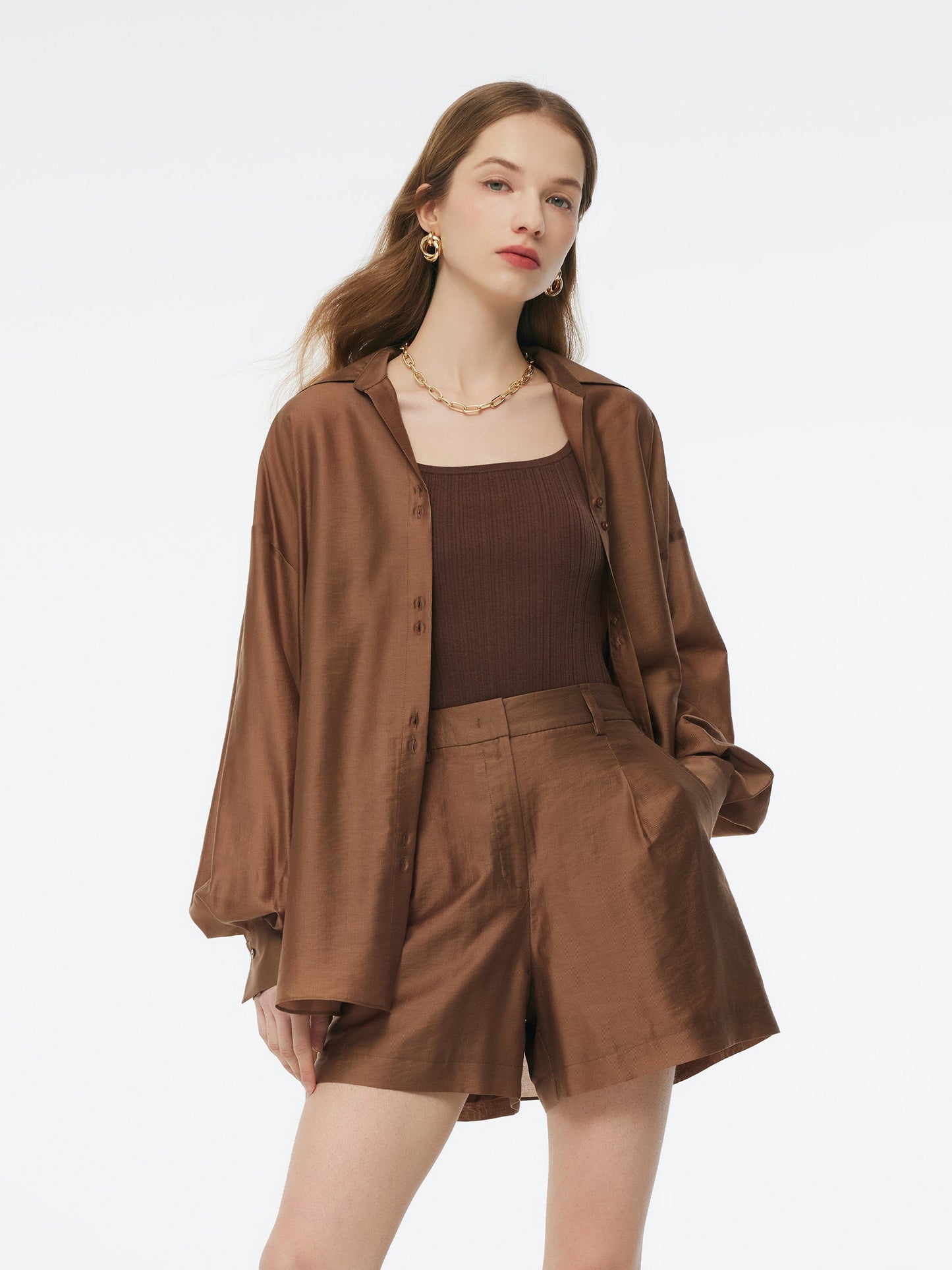 Tencel Blend Shirt And Knit Camisole Two-Piece Set