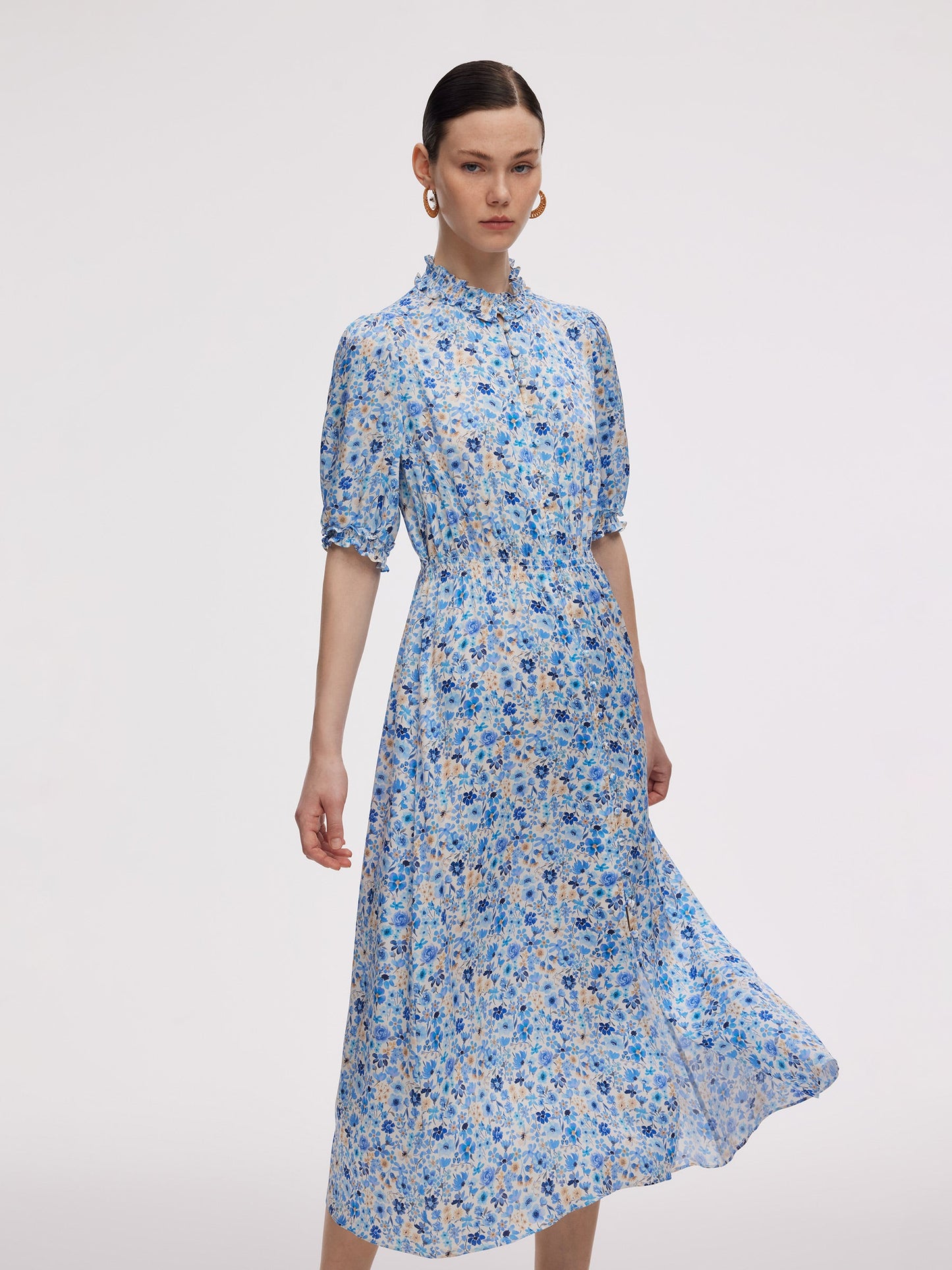 19MM Mulberry Silk Floral Print Ruffle Collar Maxi Dress