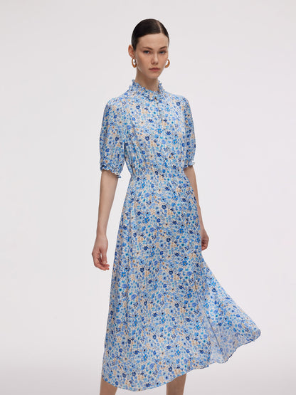 19MM Mulberry Silk Floral Print Ruffle Collar Maxi Dress