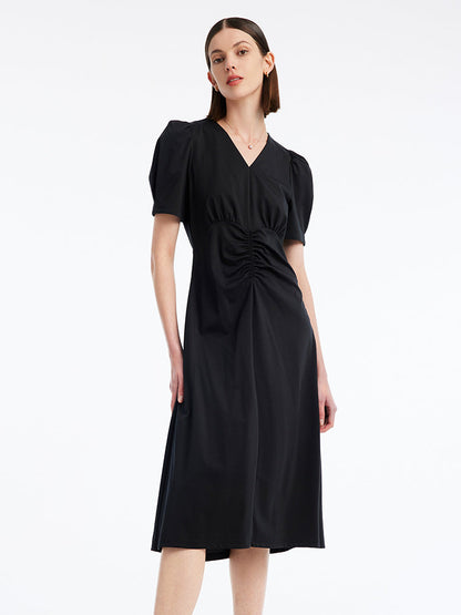 V-neck Pleated Midi Dress