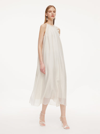 Ruffle Neckline Women Halter Maxi Dress With Floral Ribbon
