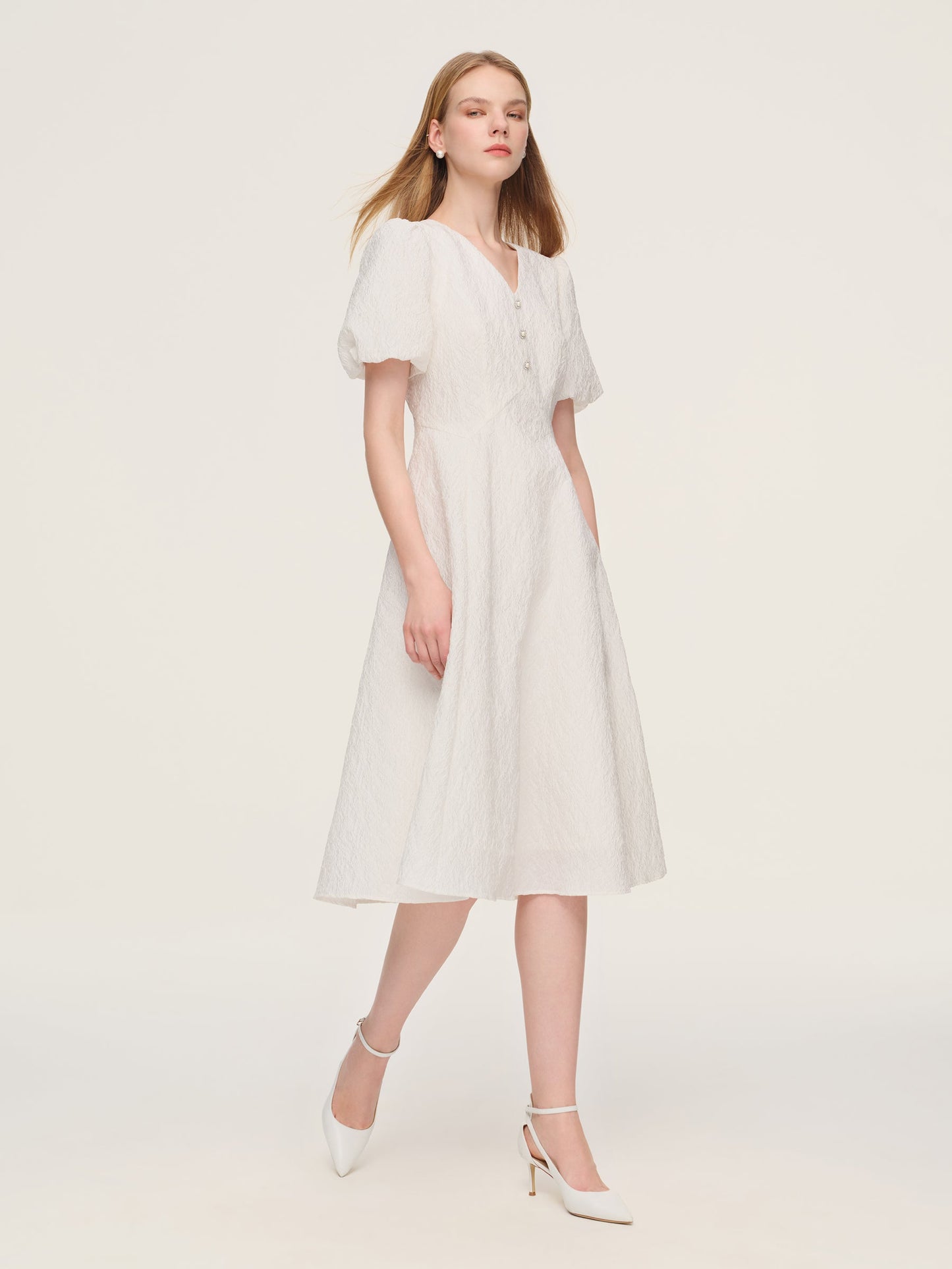 Jacquard Puff Sleeve Women Midi Dress