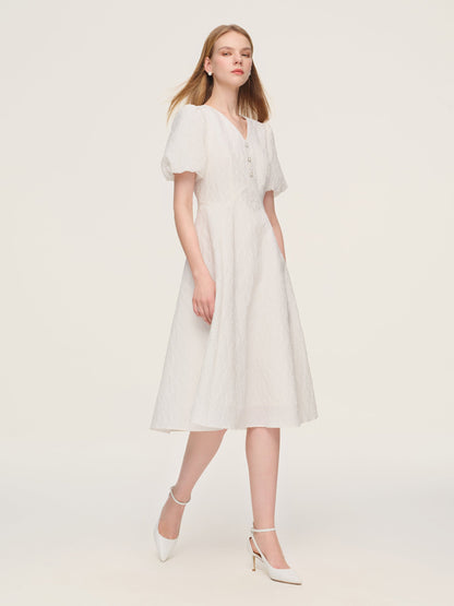 Jacquard Puff Sleeve Women Midi Dress