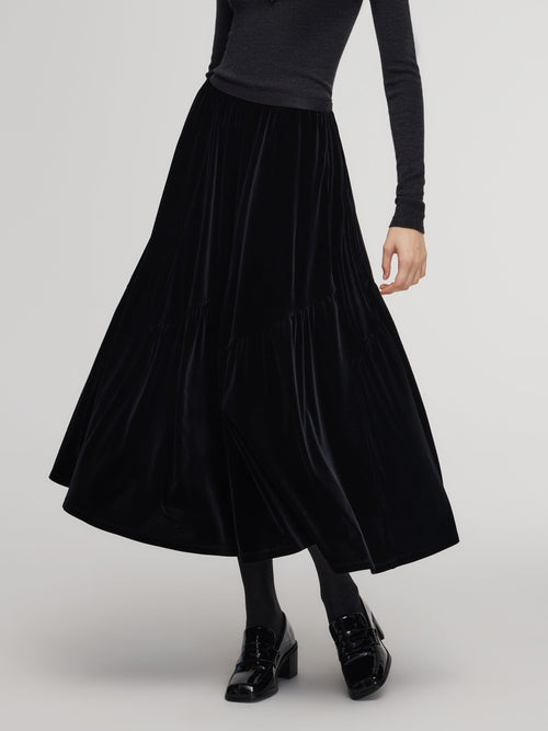 Black Velvet A-Line Elastic Waist Women Skirt