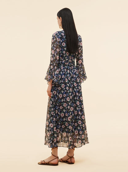 10MM Mulberry Silk Floral Print Women V-Neck Maxi Dress