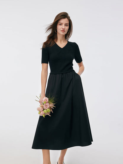 Tencel V-Neck Patchwork Women Midi Dress