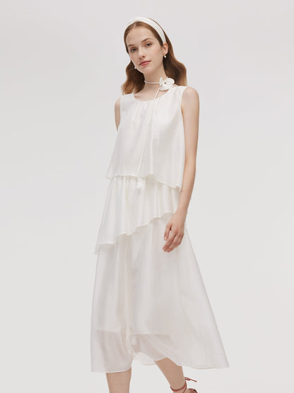 Tencel Blend Ruffle Women Tiered Sleeveless Midi Dress