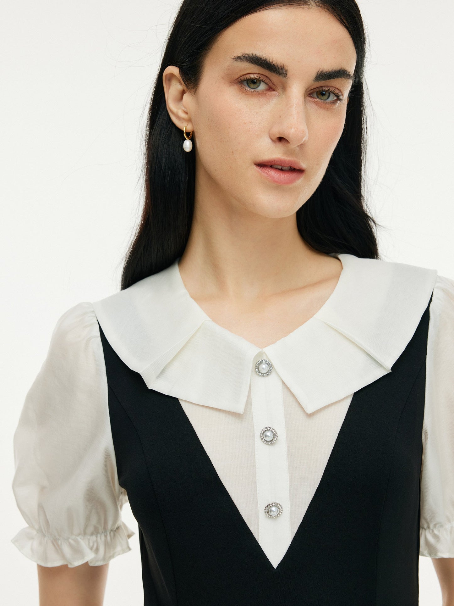 Faux-Layered A-Line Women Puff Sleeve Knit Mini Dress