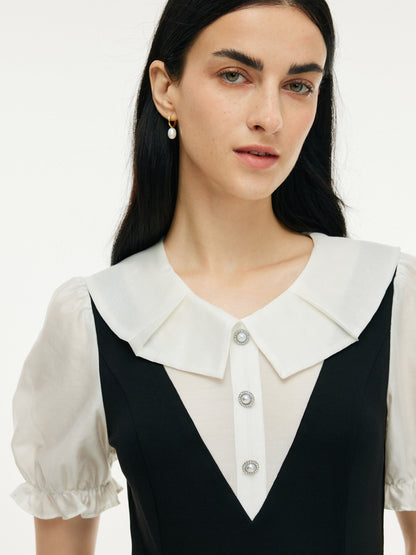 Faux-Layered A-Line Women Puff Sleeve Knit Mini Dress