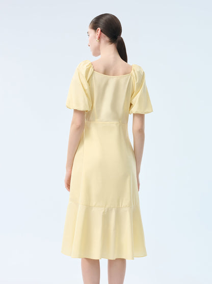 100% Cotton Ruffle Puff Sleeve Women Wrap Midi Dress