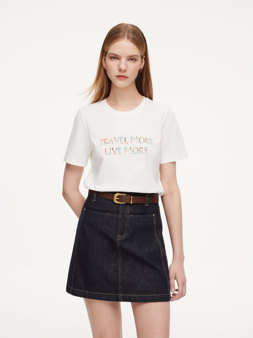 100% Cotton Beaded Letter Women T-Shirt