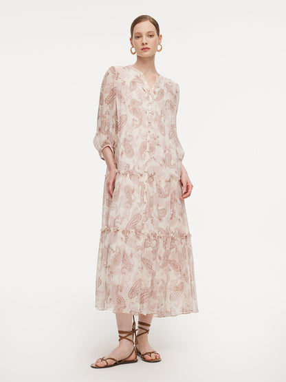 10MM Mulberry Silk Paisley Print Women Maxi Dress With Two Self-Tie Belts